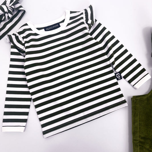 NOT SO BASIC FRILL SLEEVE OLIVE GREEN STRIPE TEE