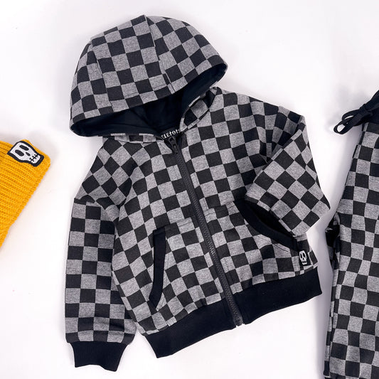 Kids hooded jacket in checkerboard grey and black