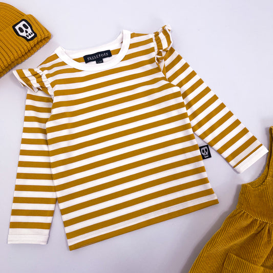 NOT SO BASIC FRILL SLEEVE MUSTARD STRIPE TEE