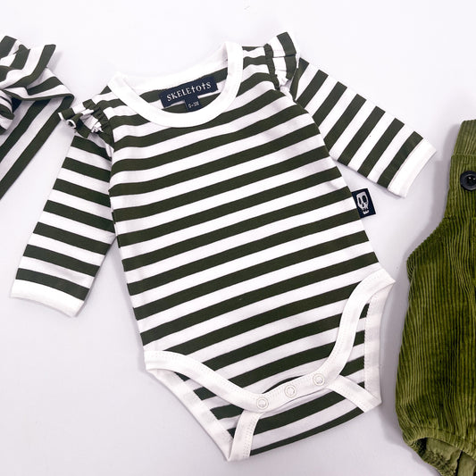 NOT SO BASIC FRILL SLEEVE OLIVE GREEN STRIPE BODYSUIT