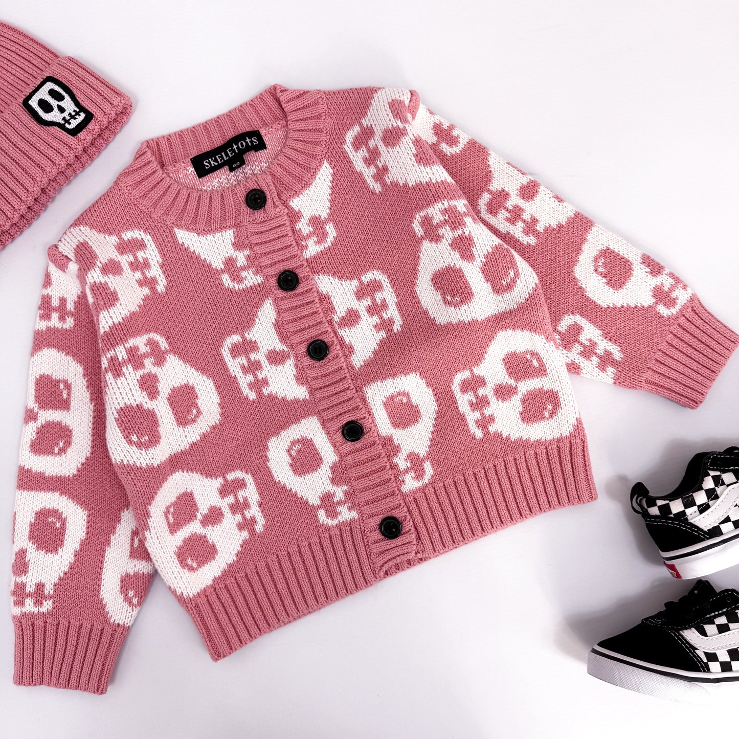 SKELLY SKULL CHUNKY KNIT DUSKY PINK CARDIGAN