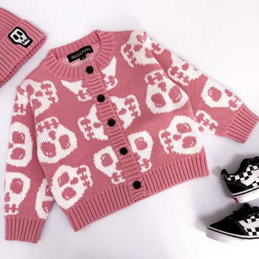 SKELLY SKULL CHUNKY KNIT DUSKY PINK CARDIGAN