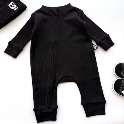 BABY POINTELLE BLACK ZIP UP FOOTLESS ROMPER