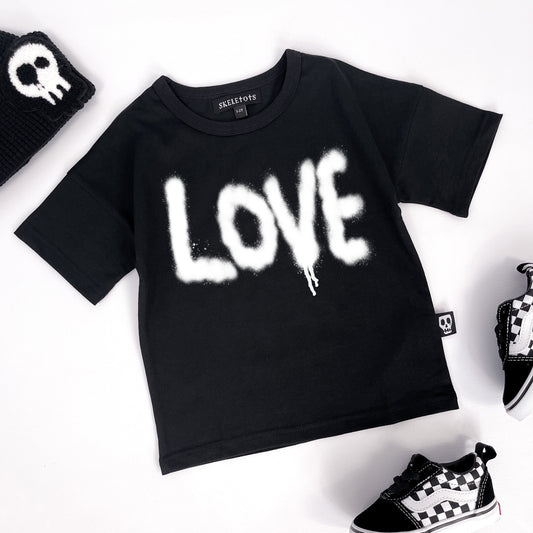 Kids black t shirt with "Love" printed on graffiti style