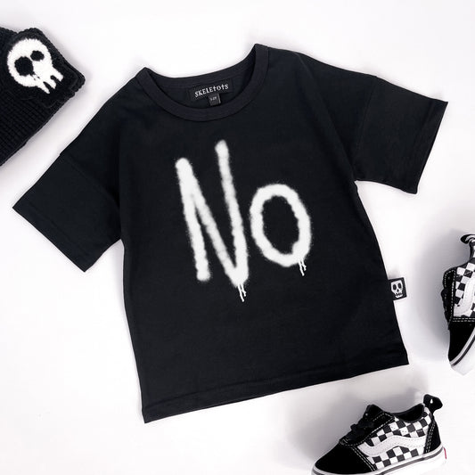 Kids black t shirt with "No" printed on graffiti style