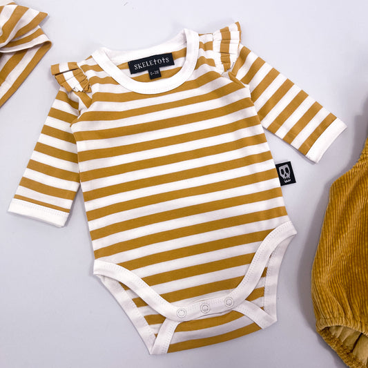 NOT SO BASIC FRILL SLEEVE MUSTARD STRIPE BODYSUIT