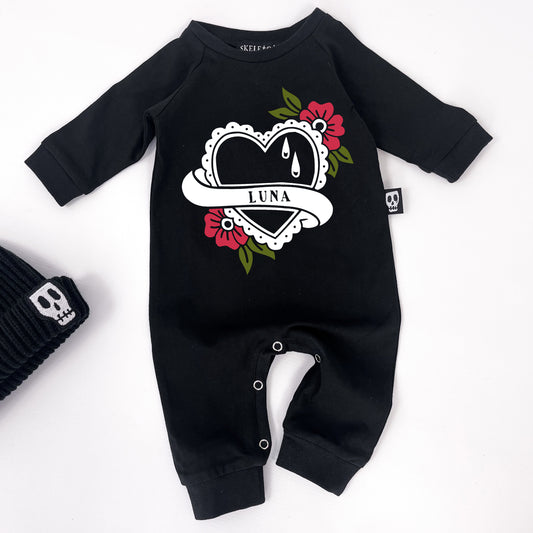 Personalised footless baby romper with tattoo style heart and custom name printing