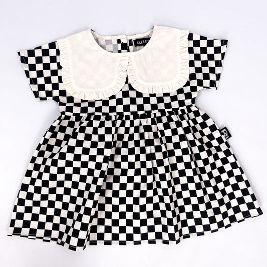 CHECKERBOARD BLACK & CREAM COLLAR SMOCK DRESS