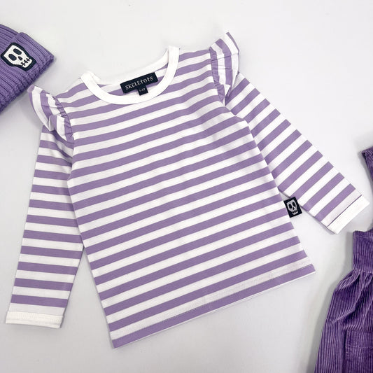 NOT SO BASIC FRILL SLEEVE DUSKY LILAC STRIPE TEE