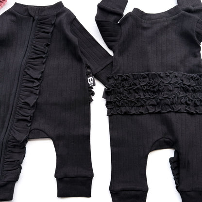 BABY POINTELLE BLACK ZIP UP FRILL FOOTLESS ROMPER