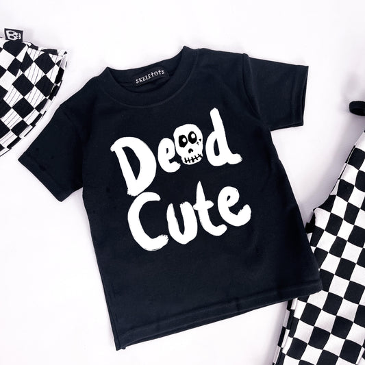 Kids black tee shirt with "Dead Cute" printed on 