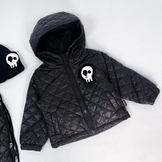 Kids black quilted hooded coat with skull patch