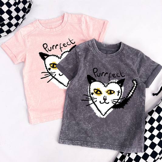 Kids distressed style pink tee shirt with heart shaped cat face design