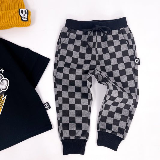 Kids joggers in checkerboard grey and black
