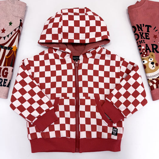 RED CHECKERBOARD HOODED JACKET