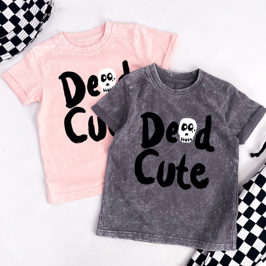 Kids distressed style pink tee shirt with "Dead Cute" printed on 