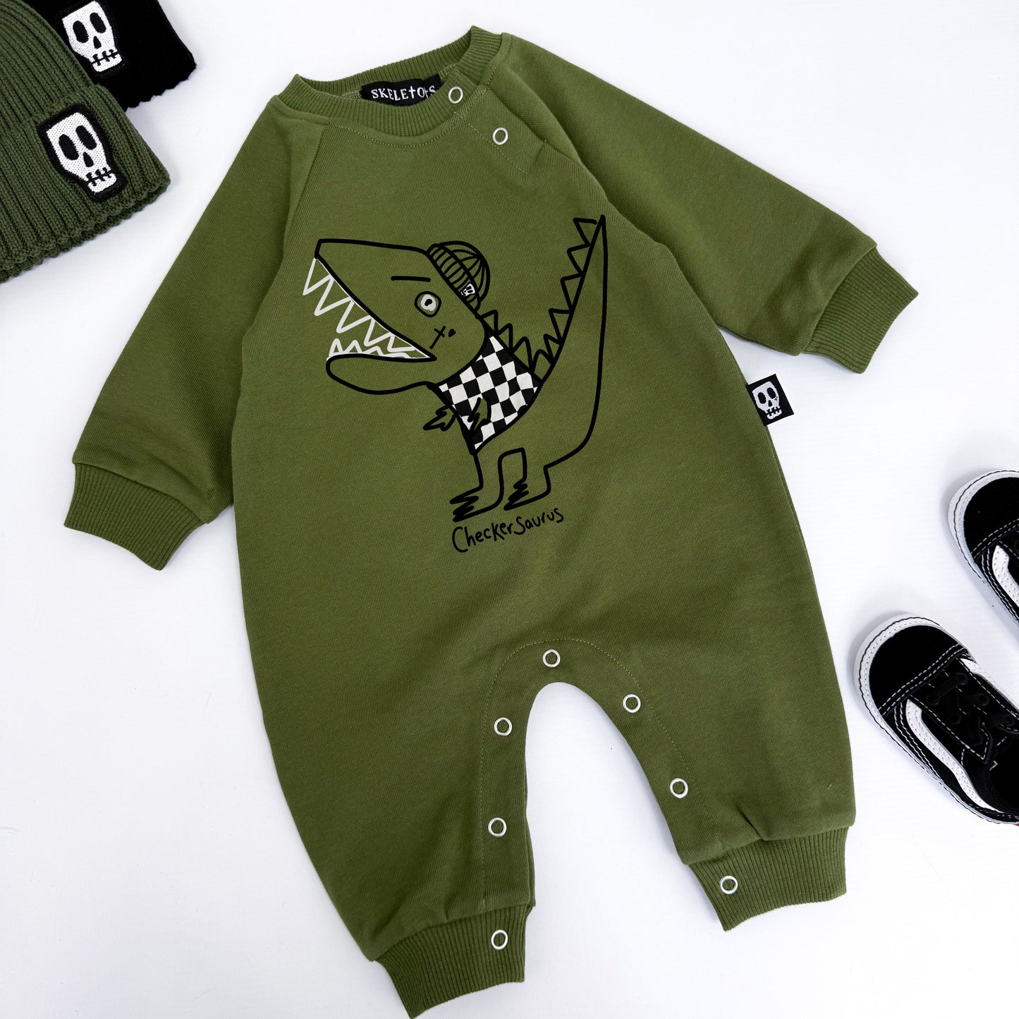 CHECKERSAURUS DINO FOOTLESS ROMPER