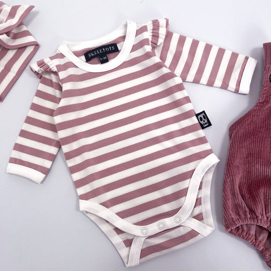 NOT SO BASIC FRILL SLEEVE DUSKY ROSE PINK STRIPE BODYSUIT