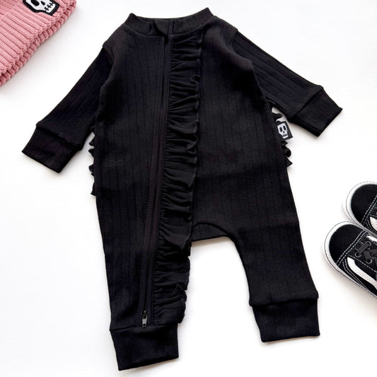 BABY POINTELLE BLACK ZIP UP FRILL FOOTLESS ROMPER