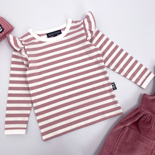 NOT SO BASIC FRILL SLEEVE DUSKY ROSE PINK STRIPE TEE