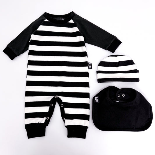 NOT SO BASIC BLACK & WHITE STRIPE FOOTLESS ROMPER HAT & BIB SET