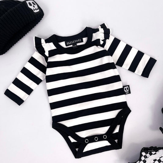 Baby bodysuit with black and white stripes and frilled sleeves