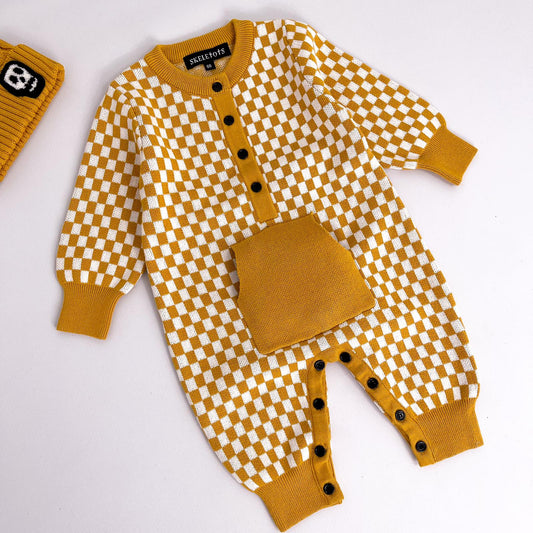 CHUNKY KNITTED MUSTARD CHECKERBOARD ALL IN ONE