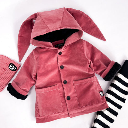 Kids cord coat with bunny ears on hood in dusky rose pink