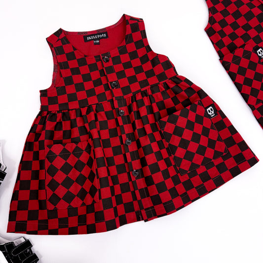 BLACK & RED CHECKERBOARD PINAFORE SMOCK DRESS