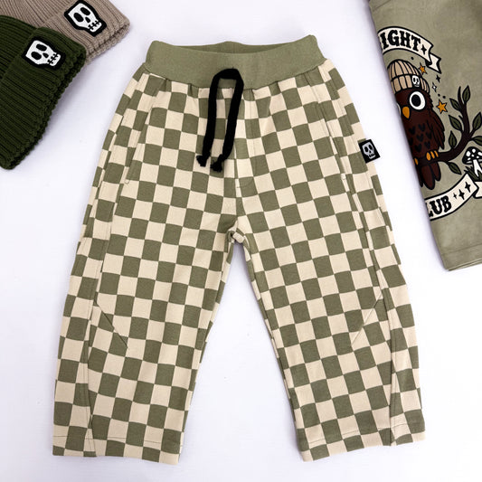 OLIVE CHECKERBOARD BARREL LEG JOGGERS
