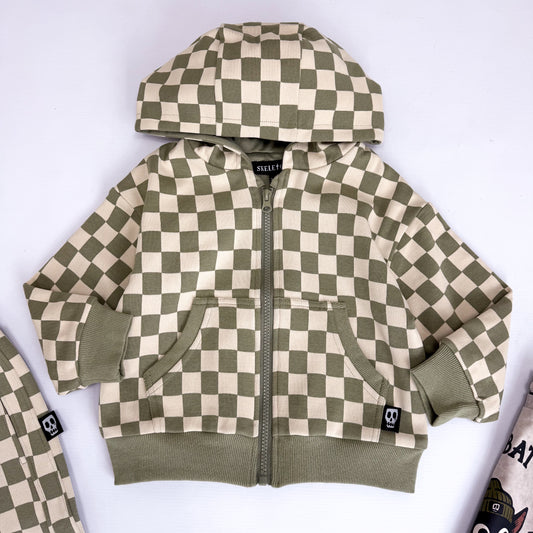 OLIVE CHECKERBOARD HOODED JACKET