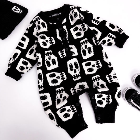 CHUNKY KNITTED BLACK SKELLY SKULL ALL IN ONE