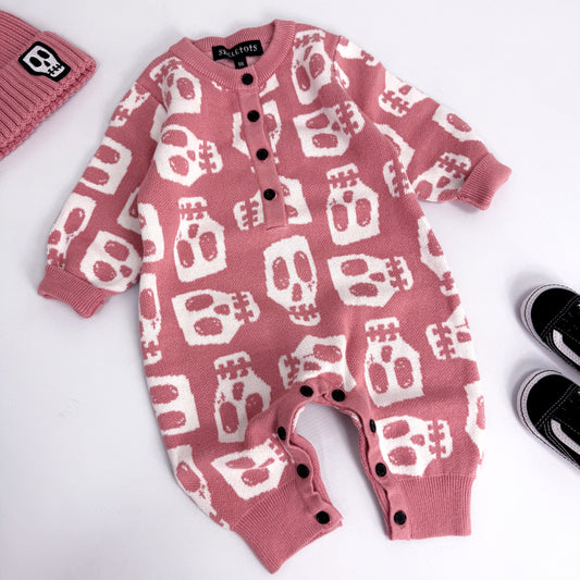 CHUNKY KNITTED DUSKY PINK SKELLY SKULL ALL IN ONE