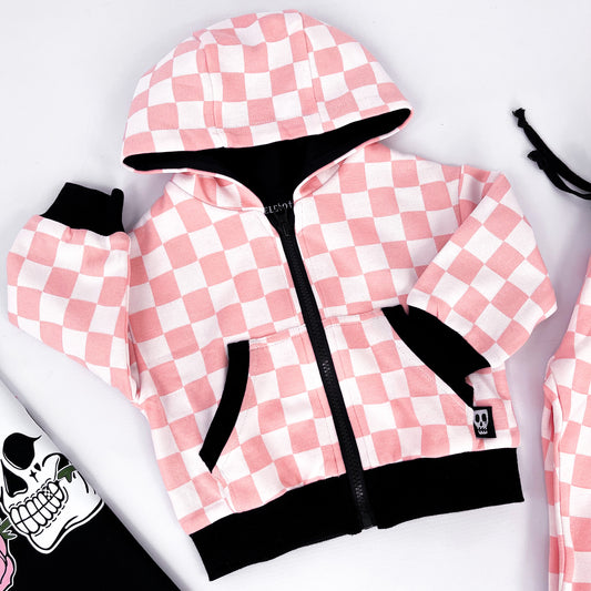 Kids hooded jacket with pink and white checkerboard design