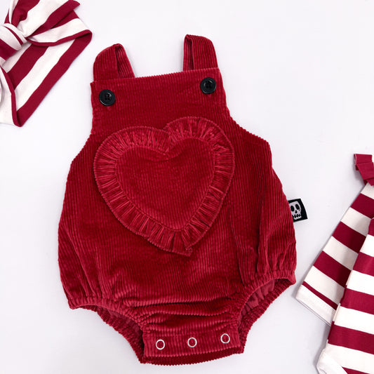 NOT SO BASIC RED LOVE HEART CORD BABY ROMPER