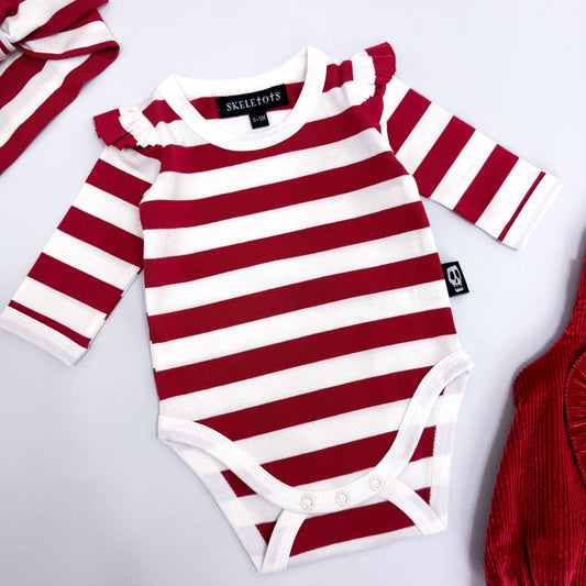 NOT SO BASIC FRILL SLEEVE RED STRIPE BODYSUIT