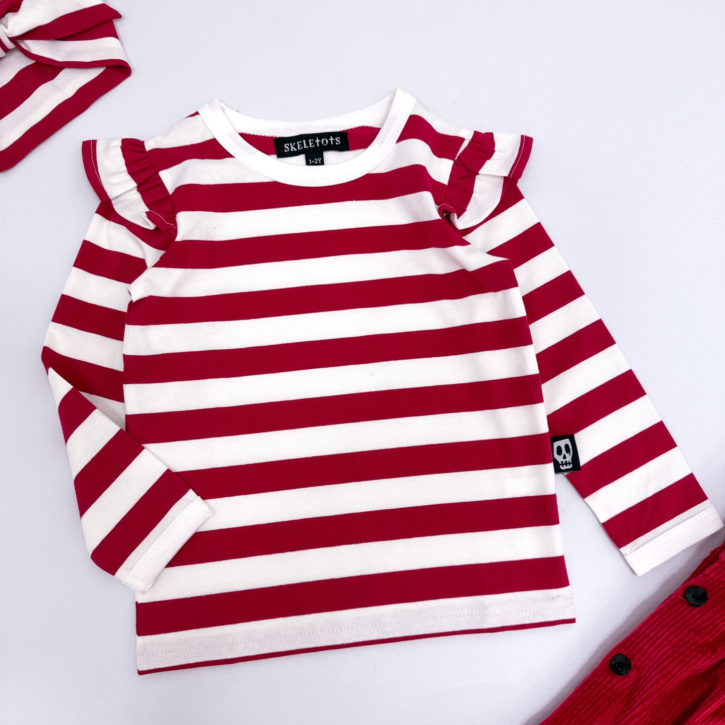 NOT SO BASIC FRILL SLEEVE RED STRIPE TEE