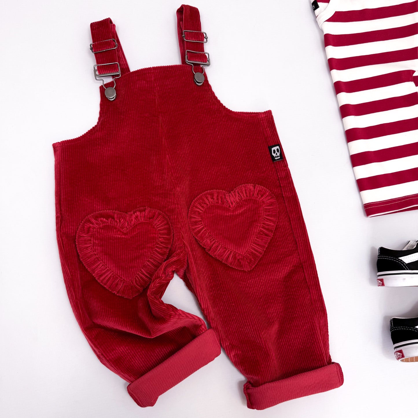 NOT SO BASIC RED LOVE HEART CORD DUNGAREES