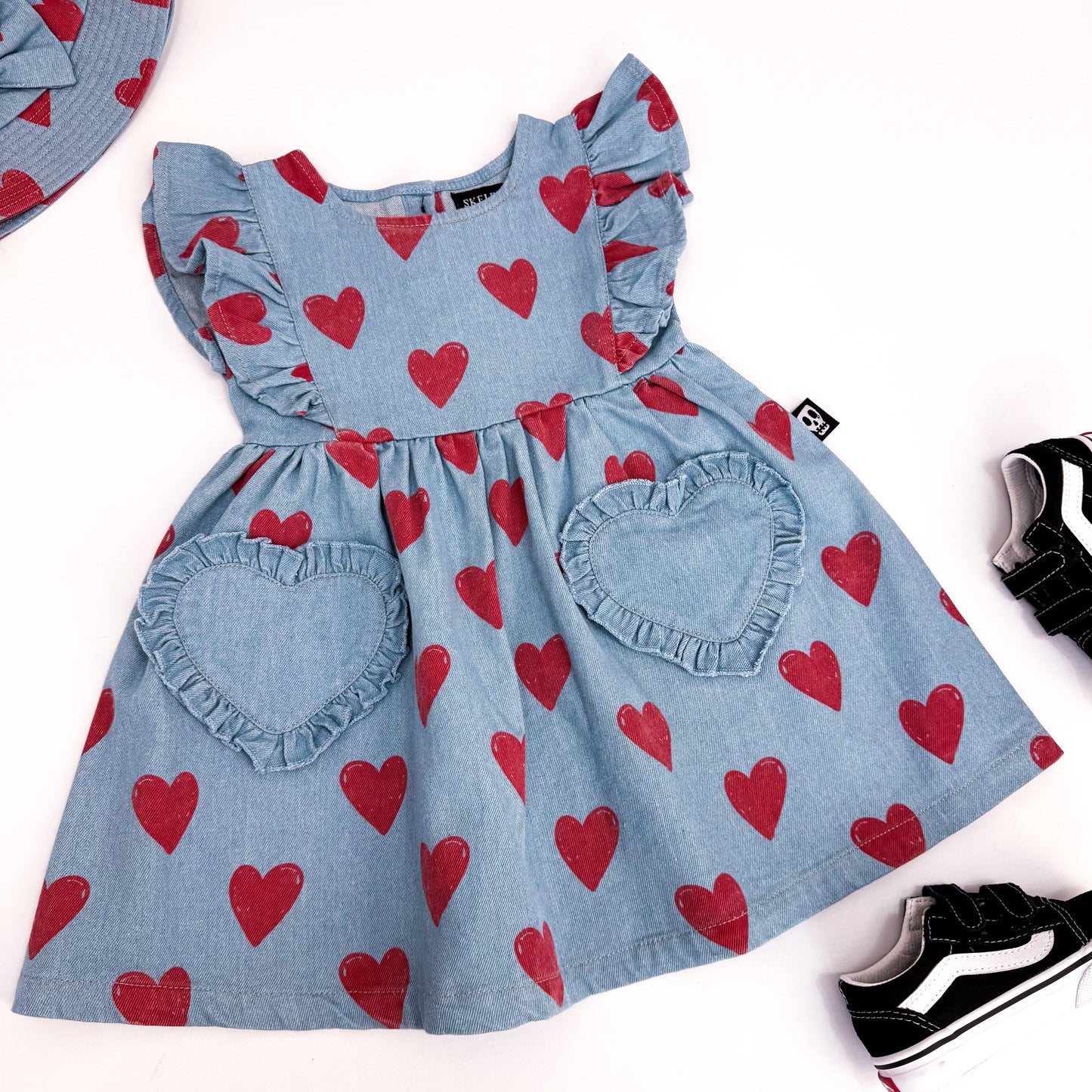 LOVE HEART DENIM FRILL SLEEVE DRESS
