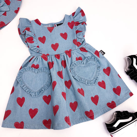 LOVE HEART DENIM FRILL SLEEVE DRESS