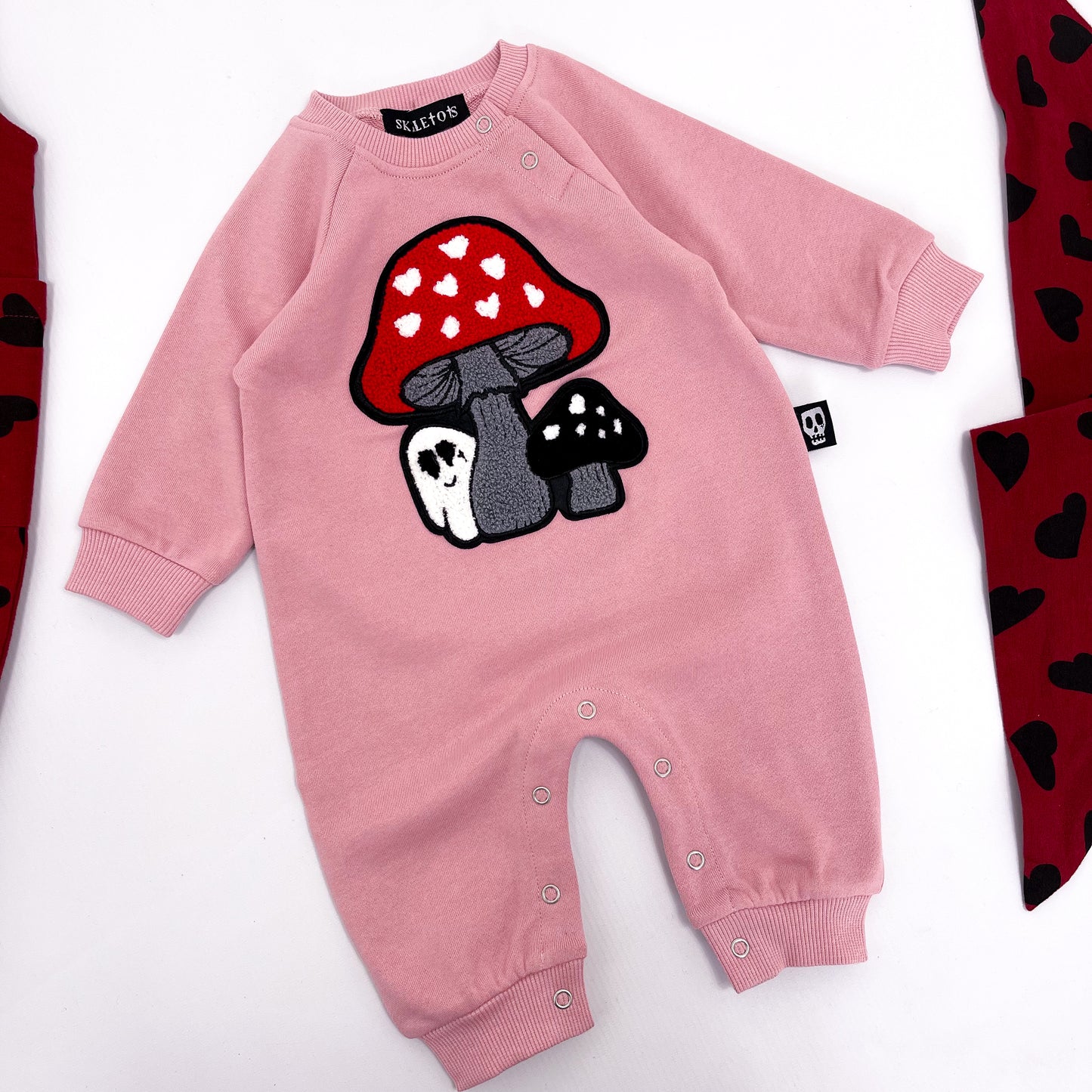 RED TOADSTOOL GHOST DUSKY PINK FOOTLESS ROMPER