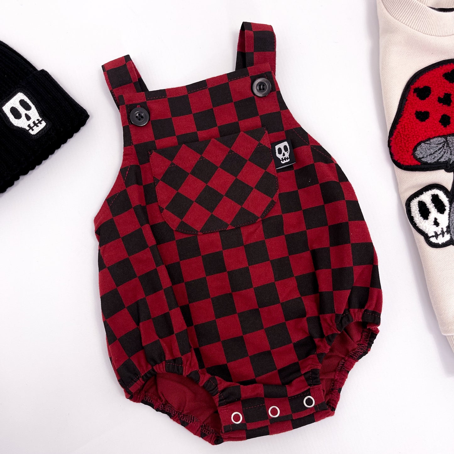 CHECKERBOARD RED & BLACK BABY ROMPER