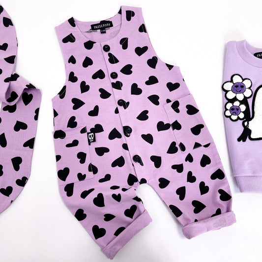 LOVE HEARTS LILAC OVERALL DUNGAREES