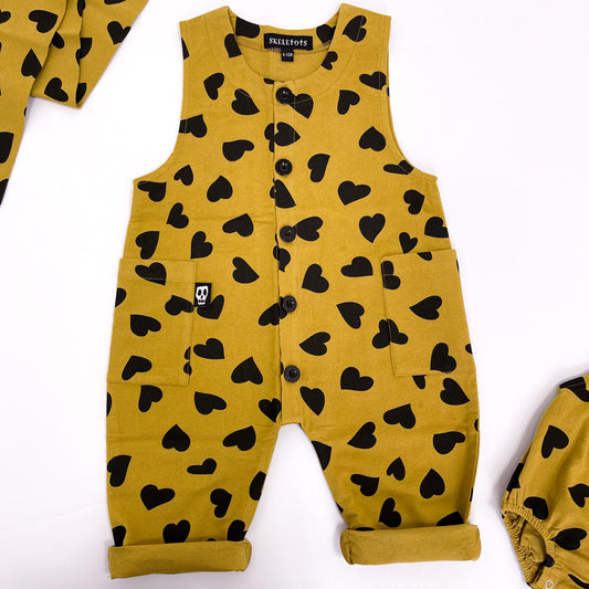 LOVE HEARTS MUSTARD OVERALL DUNGAREES