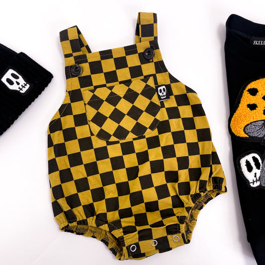 CHECKERBOARD MUSTARD & BLACK BABY ROMPER