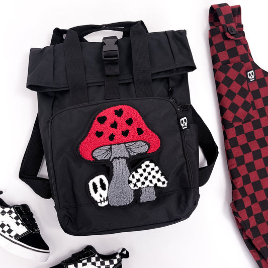 RED TOADSTOOL SKULL PATCH ROLL TOP BACKPACK BAG