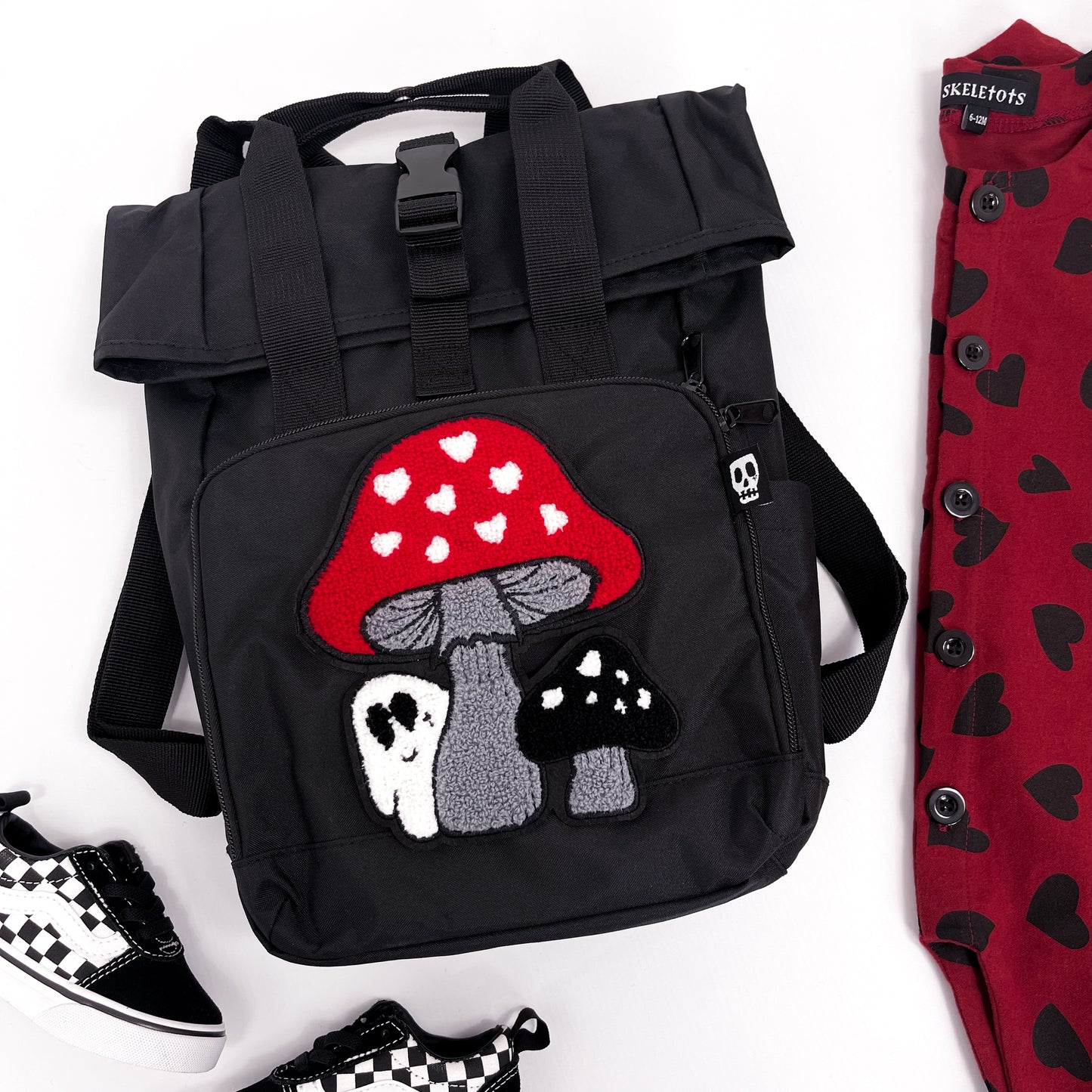 RED TOADSTOOL GHOST PATCH ROLL TOP BACKPACK BAG