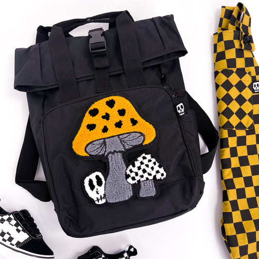 MUSTARD TOADSTOOL SKULL PATCH ROLL TOP BACKPACK BAG