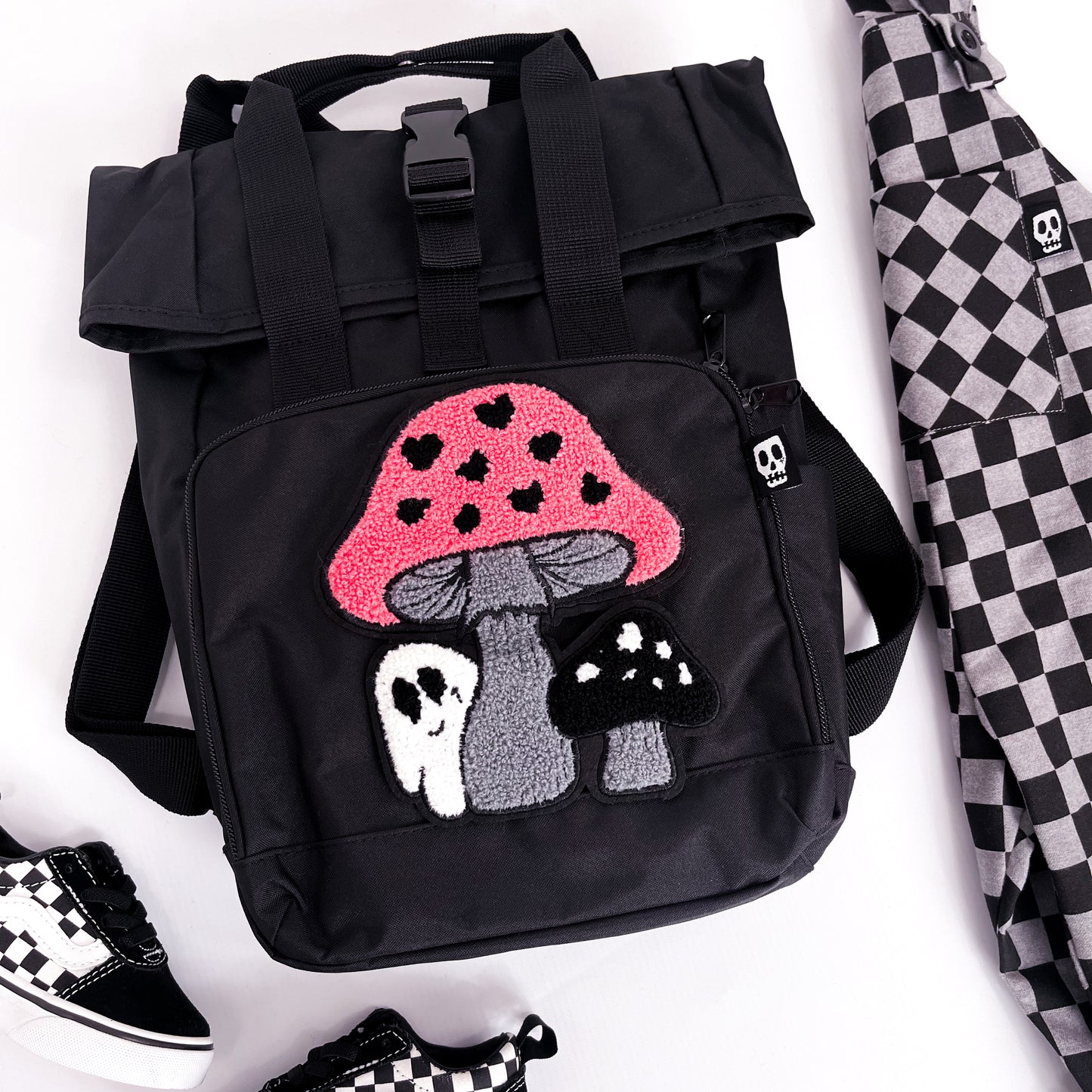 PINK TOADSTOOL GHOST PATCH ROLL TOP BACKPACK BAG