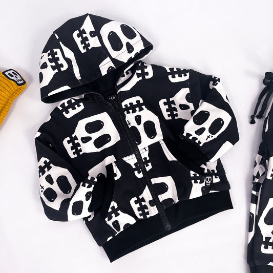 Kids black hooded jacket with Skelly Skull design